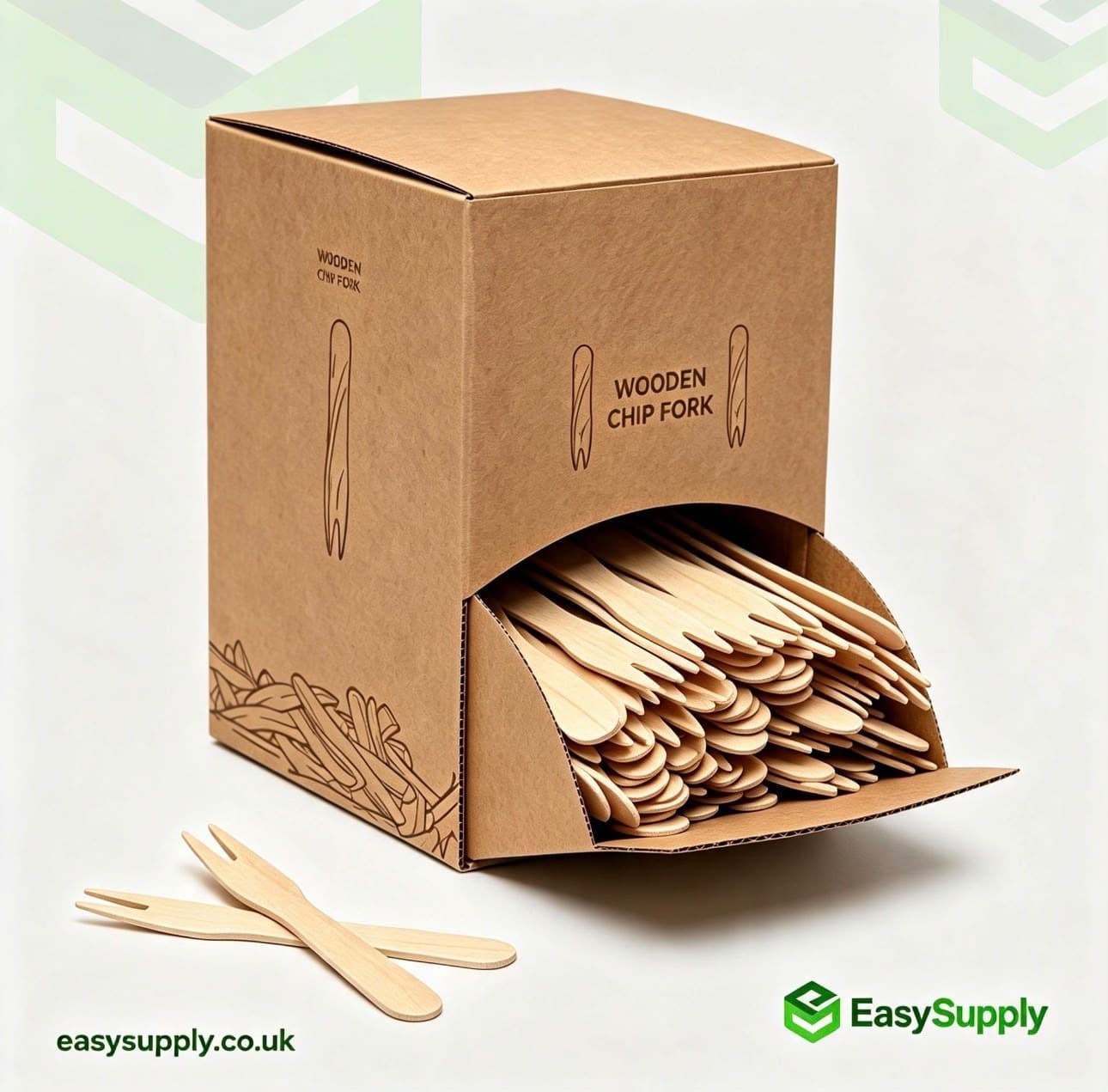 Takeaway Wooden Chip Forks with Dispenser Box