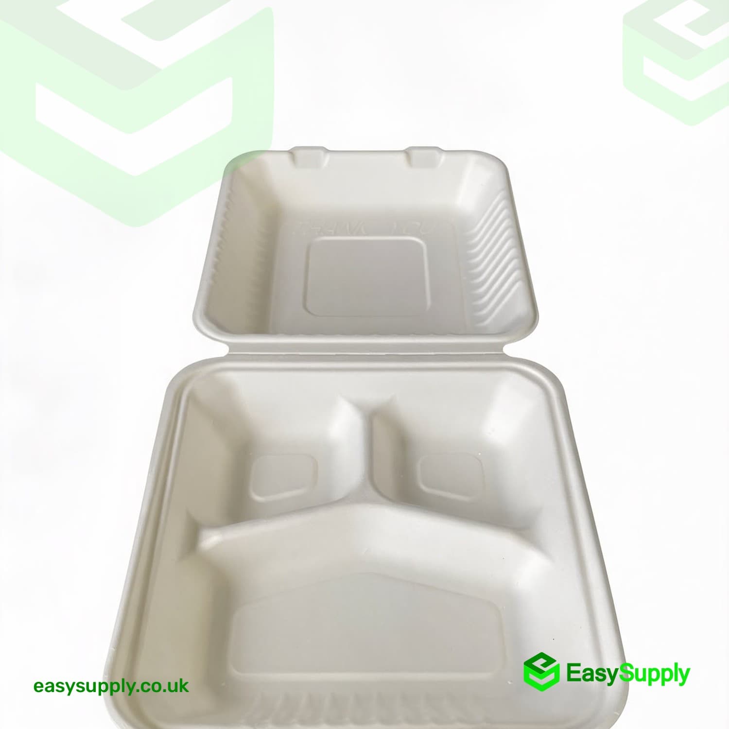 MB3 3 Compartment Bagasse Clamshell Lunch Box 228x228x77mm