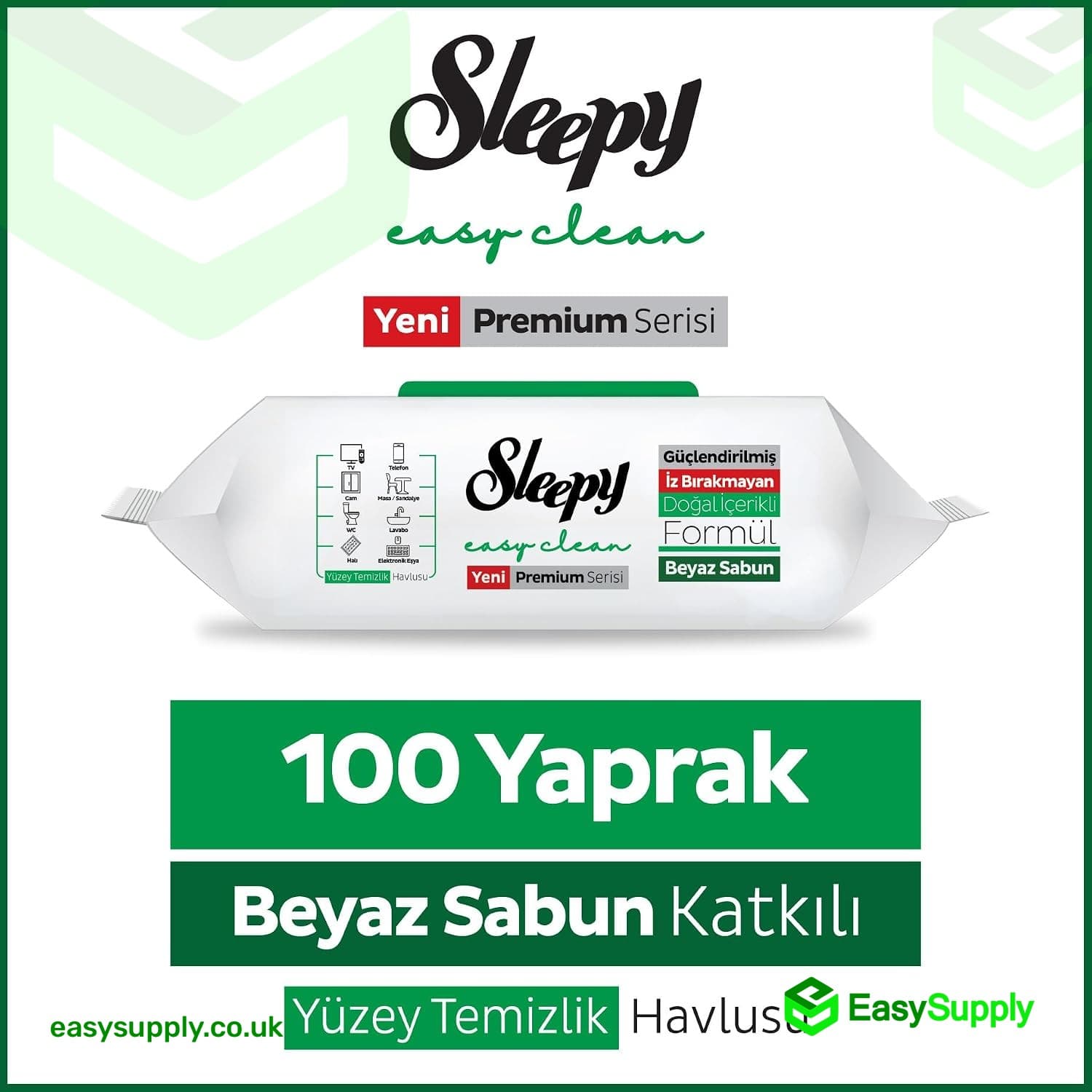 Sleepy Easy Clean Premium Surface Cleaning Wipes - White Soap (100 Sheets)