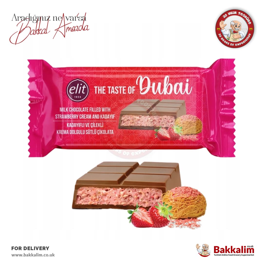 Elit Dubai Strawberry Crunchy Kadaif with Pistachio Filling Milk Chocolate Bar 90 G